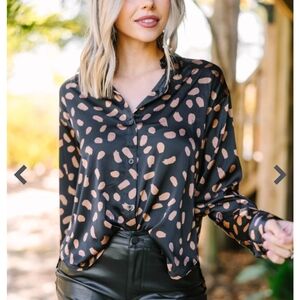 MINE Black / Brown Satin Spotted Button Up Blouse